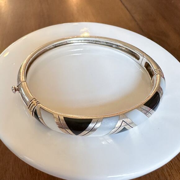 Asch Grossbardt Designer Sterling Silver 18k Gold Bangle w Onyx Moonstone Inlay - Picture 7 of 13